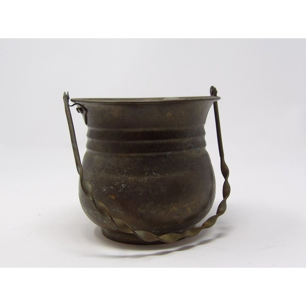 Vintage Primitive Brass Pot with Twisted Handle 10" H x 5" Top Diameter x 3 1/4"